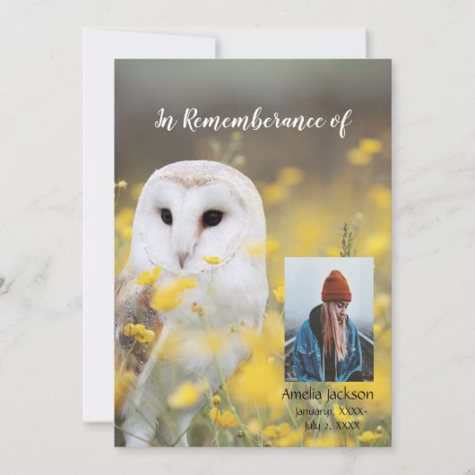 Memorial Service nodigt Barn Owl Flowers uit Kaart (Voorkant)