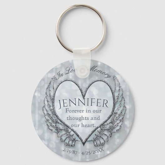 Memorial | Silver Angel Wings en Heart Sleutelhanger (Voorkant)