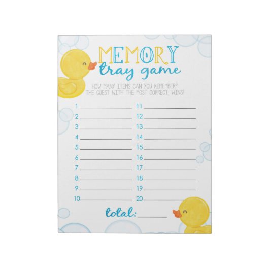 Memory Tray Rubber Duck Baby shower Game Pack Notitieblok (Gedraaid)
