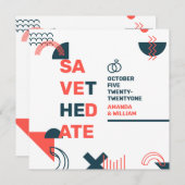 Memphis Style Abstract Rood- en blauw huwelijk Save The Date (Voorkant / Achterkant)