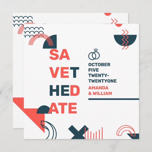 Memphis Style Abstract Rood- en blauw huwelijk Save The Date (Voorkant / Achterkant)
