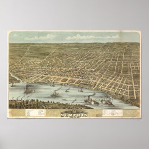 Memphis Tennessee 1870 Antiek Panoramische Kaart Poster