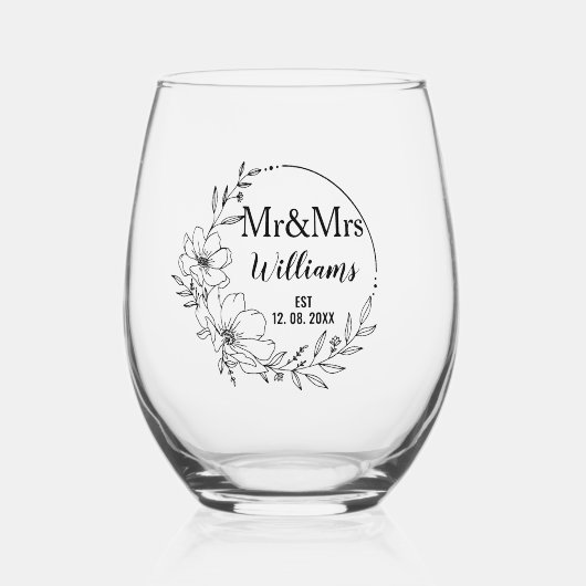 Meneer en mevrouw Bloemige Jubileum Familienaam Es Wijnglas Zonder Voet (Voorkant)