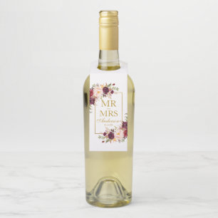 Meneer en mevrouw Bourgondië Floral Gold Wedding Flessenhanger