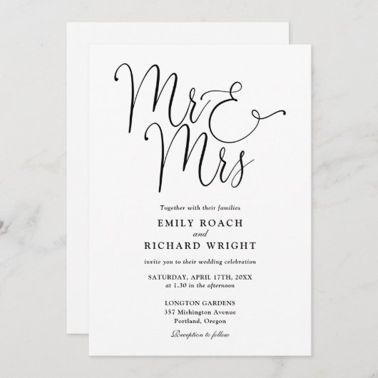 Meneer en mevrouw Elegant Script Zwart-wit bruilof Kaart (Voorkant / Achterkant)