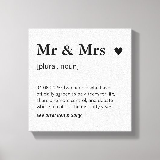 Meneer en mevrouw Pas getrouwd Gift Trouwdefinitie Canvas Afdruk (Voorkant)