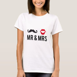 Meneer en mevrouw, snor en rode lippen t-shirt