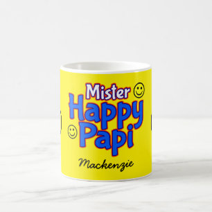 Meneer Happy Papi met Smile Emojis en naam op GEEL Koffiemok