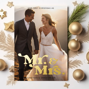 Meneer & Mevrouw Eerste Kerstmis Moderne Retro Typ Folie Feestdagenkaart