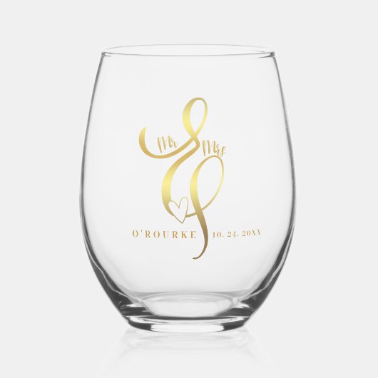 Meneer & Mevrouw Goud kalligrafie Ampersand Trouw Wijnglas Zonder Voet (Voorkant)
