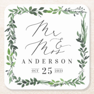 Meneer & mevrouw leafy waterverf elegant vierkante kartonnen onderzetter