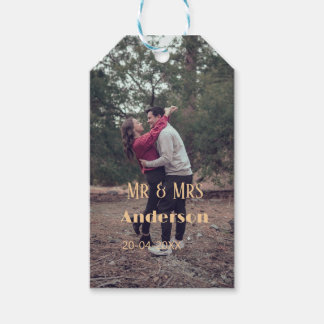 Meneer & Mevrouw voeg familienaam foto datum bruil Cadeaulabel