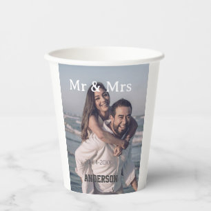 Meneer & Mevrouw voeg familienaam foto datum bruil Papieren Bekers