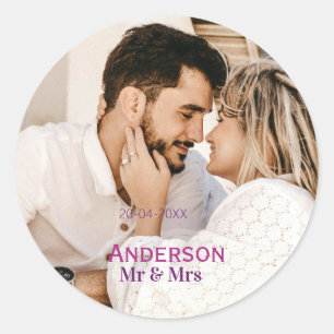 Meneer & Mevrouw voeg familienaam foto datum bruil Ronde Sticker