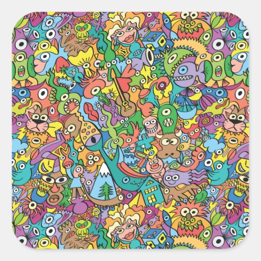 Mengsel van vreemde doodles in een speels carnaval vierkante sticker (Voorkant)