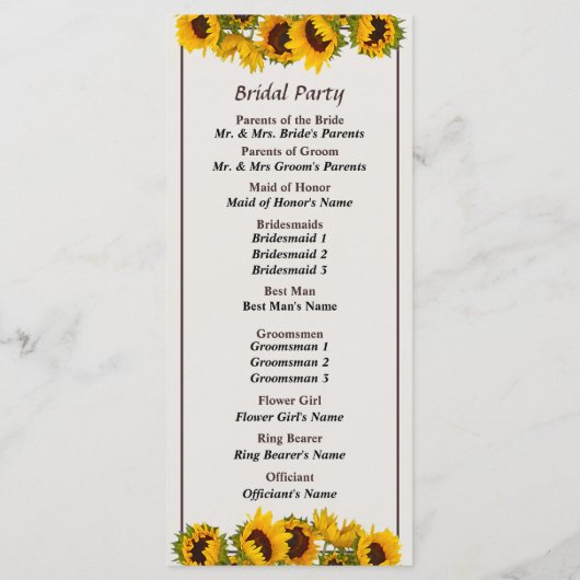 Menigte van Zonnebloemen Trouwprogramma Programma (Achterkant)