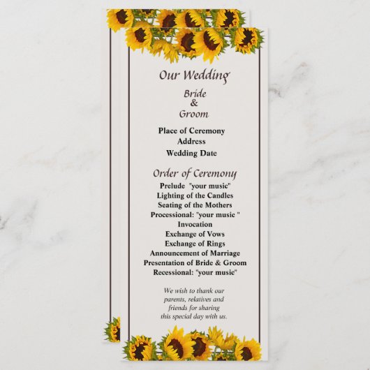 Menigte van Zonnebloemen Trouwprogramma Programma (Voorkant / Achterkant)