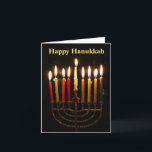 Menorah et bougies Hanoukka Carte pliée<br><div class="desc">Il est temps d'allumer la menorah pour Hanoukka ! Bougies allumées la 8ème nuit d'Hanoukka, tel que représenté dans une fête à la maison. Note pliée traditionnelle, vide à l'intérieur pour votre message. Le message sur le capot avant est également personnalisable afin que vous puissiez personnaliser comme vous le souhaitez....</div>