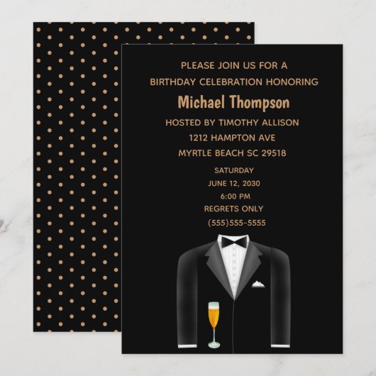 Mens Black Gold Tux Anniversaire Fête Invitation (Devant / Derrière)