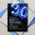 Mens Blue 30th Birthday Invitation<br><div class="desc">Un design d'anniversaire qui va directement à la fête - pas de désordre autour. Doté de numéros audacieux et stylisés pour ressembler à des ballons de papier peint avec des confettis étincelants tout autour, ce design apporte des vibrations instantanées. Les couleurs bleu roi et le texte art déco rehaussent le...</div>