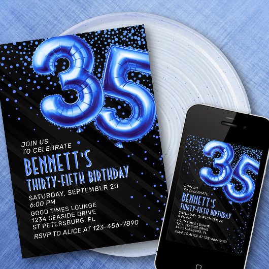 Mens Blue 35th Birthday Invitation