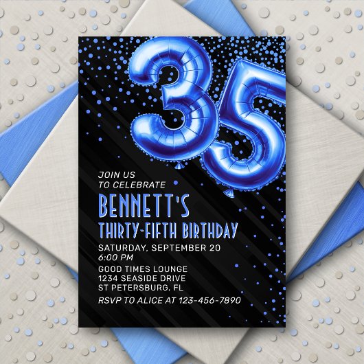 Mens Blue 35th Birthday Invitation
