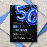 Mens Blue 50th Birthday Invitation<br><div class="desc">Un design d'anniversaire qui va directement à la fête - pas de désordre autour. Doté de numéros audacieux et stylisés pour ressembler à des ballons de papier peint avec des confettis étincelants tout autour, ce design apporte des vibrations instantanées. Les couleurs bleu roi et le texte art déco rehaussent le...</div>
