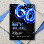 Mens Blue 60th Birthday Invitation<br><div class="desc">Un design d'anniversaire qui va directement à la fête - pas de désordre autour. Doté de numéros audacieux et stylisés pour ressembler à des ballons de papier peint avec des confettis étincelants tout autour, ce design apporte des vibrations instantanées. Les couleurs bleu roi et le texte art déco rehaussent le...</div>