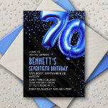 Mens Blue 70th Birthday Invitation<br><div class="desc">Un design d'anniversaire qui va directement à la fête - pas de désordre autour. Doté de numéros audacieux et stylisés pour ressembler à des ballons de papier peint avec des confettis étincelants tout autour, ce design apporte des vibrations instantanées. Les couleurs bleu roi et le texte art déco rehaussent le...</div>