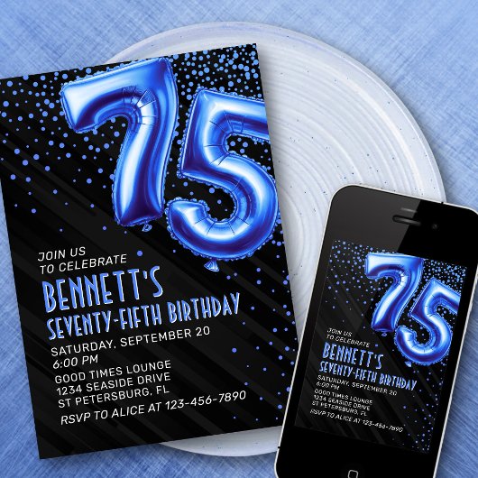 Mens Blue 75th Birthday Invitation