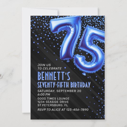 Mens Blue 75th Birthday Invitation (Devant)