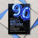 Mens Blue 90th Birthday Invitation<br><div class="desc">Un design d'anniversaire qui va directement à la fête - pas de désordre autour. Doté de numéros audacieux et stylisés pour ressembler à des ballons de papier peint avec des confettis étincelants tout autour, ce design apporte des vibrations instantanées. Les couleurs bleu roi et le texte art déco rehaussent le...</div>