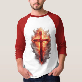 Men's Flaming Christian Cross Baseball Tee T-shirt