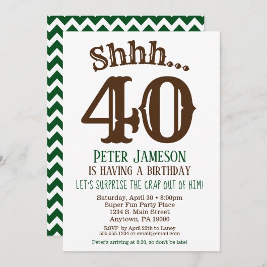 Mens Funny Surprise Party Invitation Brown Green (Devant / Derrière)