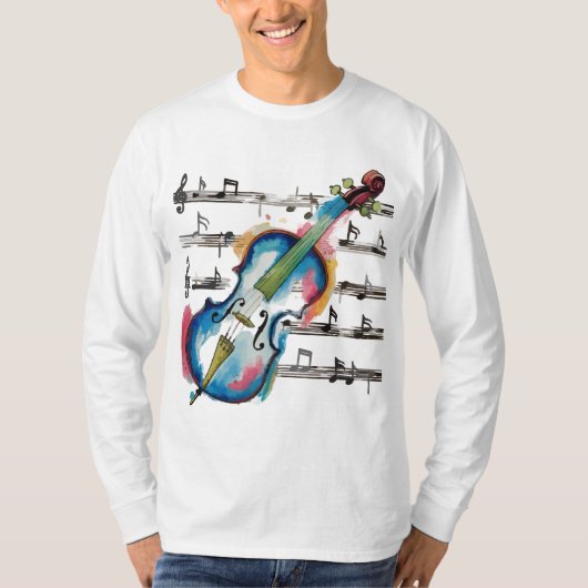 Men's Watercolor Violin Basic Long-Sleeved T-Shirt (Devant)