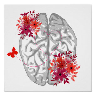 Menselijke hersenanatomie met rode bloemen perfect poster