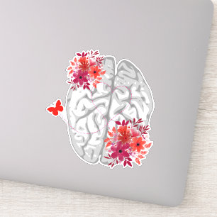 Menselijke hersenanatomie met rode bloemen sticker