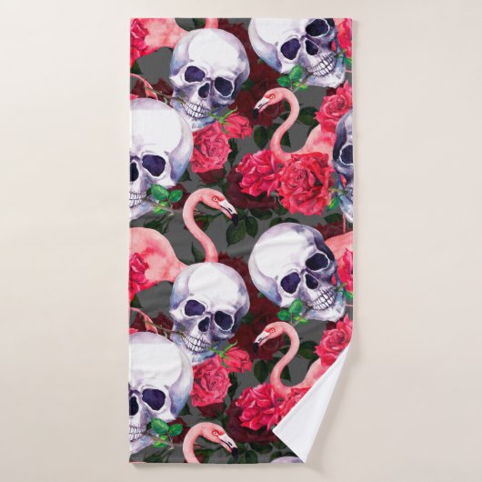 Menselijke schedel met flamingo en rode rozenbloem badhanddoek (Badhanddoek)