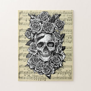 Menselijke schedelrozen Goth Biker Kunst Illustrat Legpuzzel