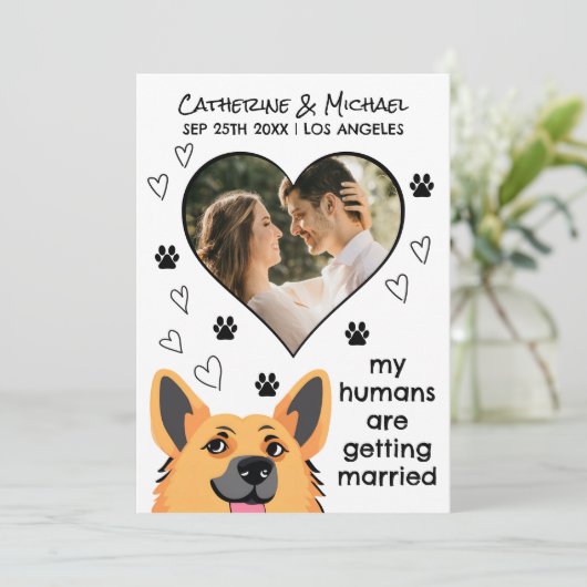 Mensen Getrouwd krijgen Duitse Herder Hand getrokk Save The Date (Staand voorkant)