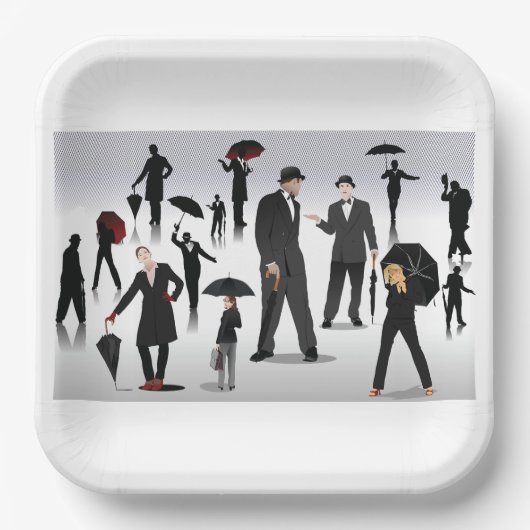 Mensen met paraplu's papieren bordje (Voorkant)