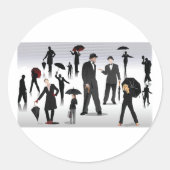Mensen met paraplu's ronde sticker (Voorkant)