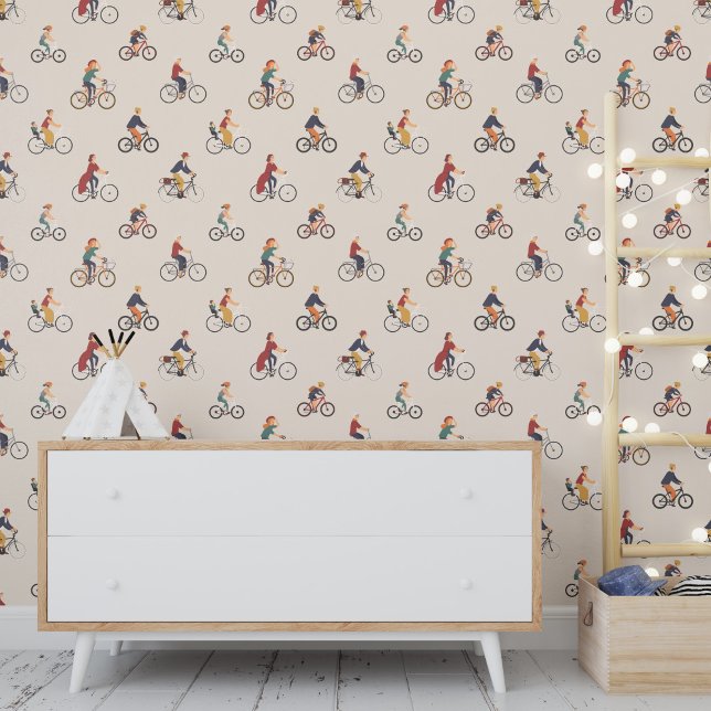Mensen rijden fiets fietsen kleurrijk retro patroo behang (Creator heeft geüpload)