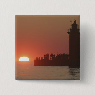 Mensen vuurtoren zonsondergang silhouet bij Zuid Vierkante Button 5,1 Cm