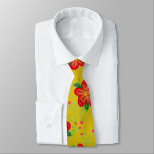 Menswear Cravate Rouge Fleur Avec Moutarde Dorée
