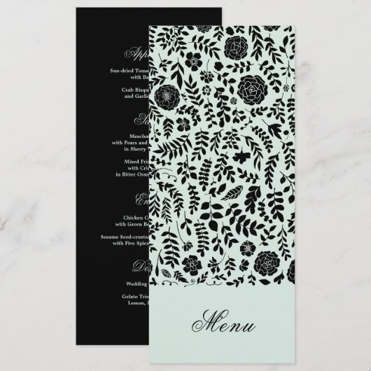 Menthe | Cartes de menu de mariage floral noir (Devant / Derrière)