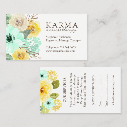 Menthe et cartes de visite floraux de jaune (Devant / Derrière)
