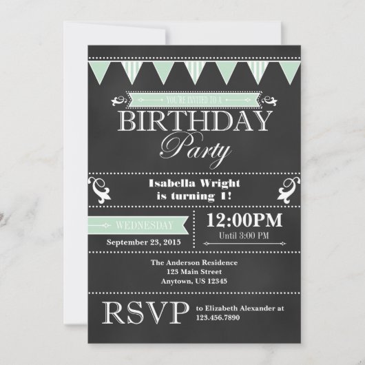 Menthe verte Noir Chalkboard Invitation Anniversai (Devant)