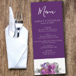Menu<br><div class="desc">Elegant purple floral wedding menu with border of watercolor peony rose flowers Les objets de design sont faits pour script and elegant typographiy with beautiful buds and flower bloom in shades of purple and magenta with grey green leaves and foliage. Please browse my plush purple floral collection for matching items....</div>