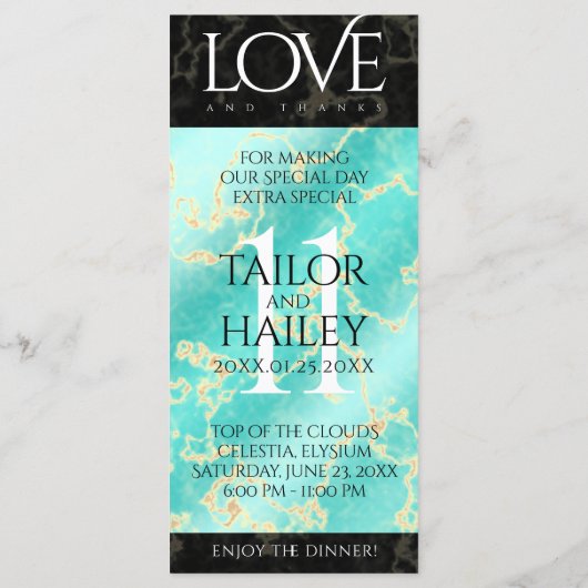 Menu 11ème anniversaire de Mariage turquoise (Dos)